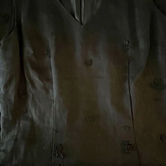 British Khaki Dress Size 4 Black 100% Linen V Neck Lined Knee Length Sheath - Picture 5 of 11